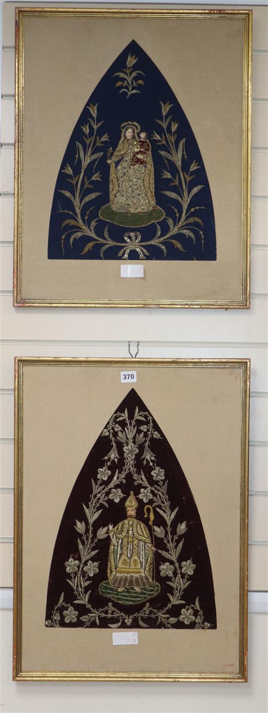 A pair of 19th century Spanish metal and silk thread embroideries Madonna and child and a bishop 48cm high
